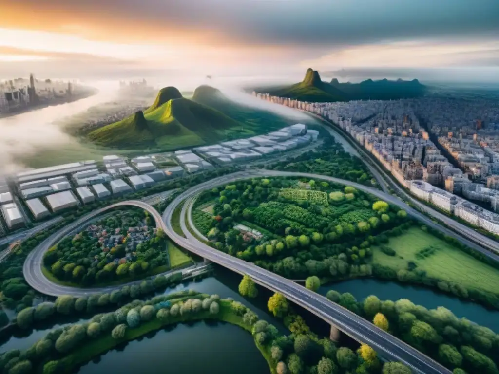 Vista aérea sepia de una ciudad moderna, con carreteras, rascacielos y áreas verdes, atravesada por un río