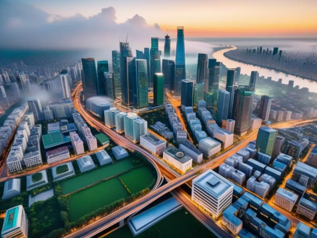 Vista aérea sepia de ciudad moderna al atardecer, resaltando redes de carreteras y edificios