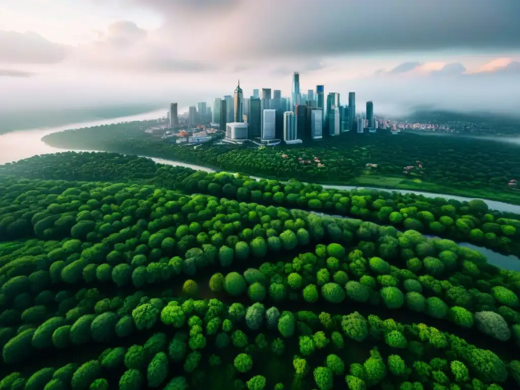 Vista aérea sepia de una ciudad moderna y verde con ríos y carreteras, capturada en detalle