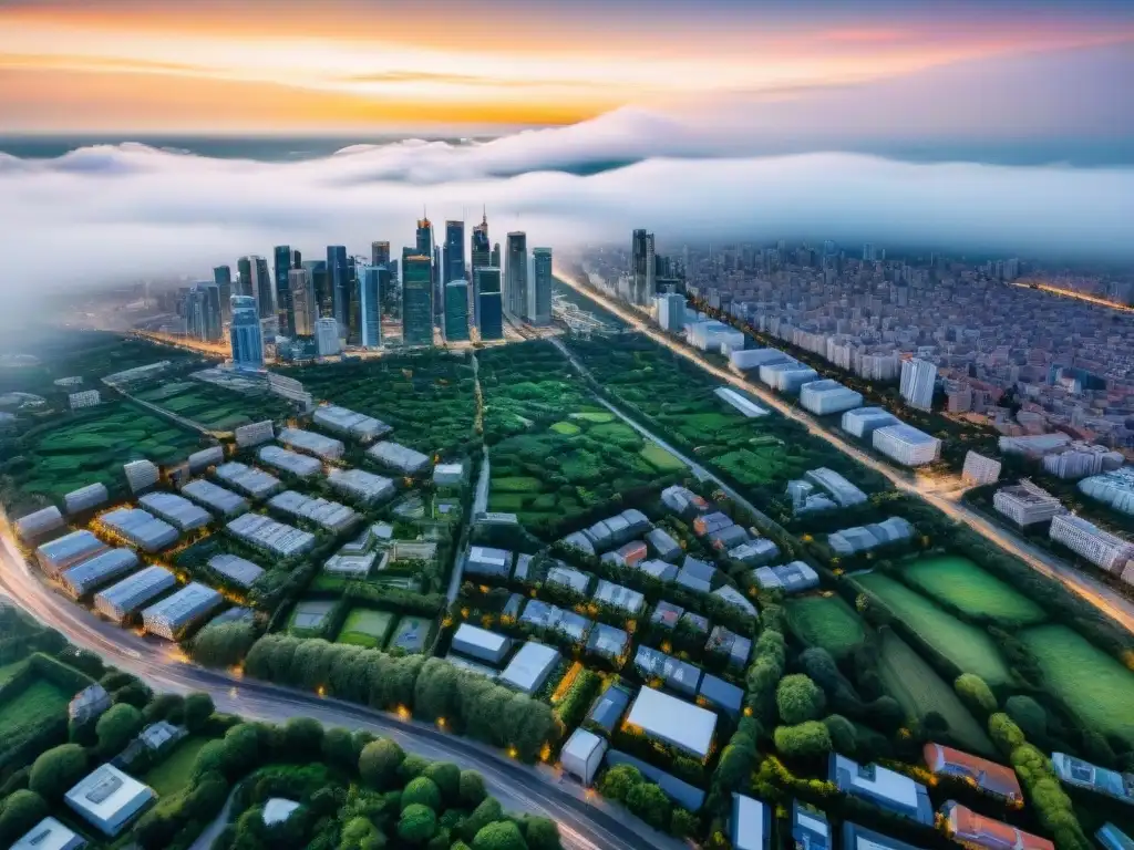 Vista aérea en sepia de una ciudad moderna con calles en cuadrícula y espacios verdes, reflejando la evolución de la cartografía digital