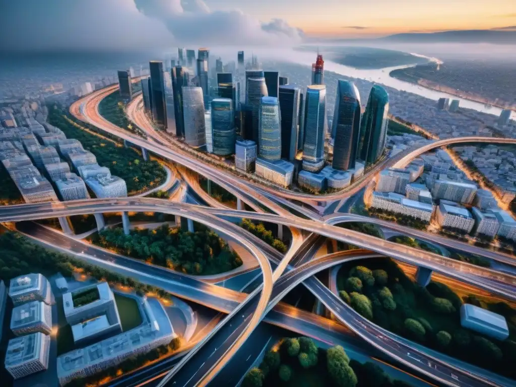Complejidad urbana: vista aérea en sepia de red vial en 8k Vista aérea sepia de una ciudad en movimiento, resaltando la complejidad de la optimización de rutas geoespaciales