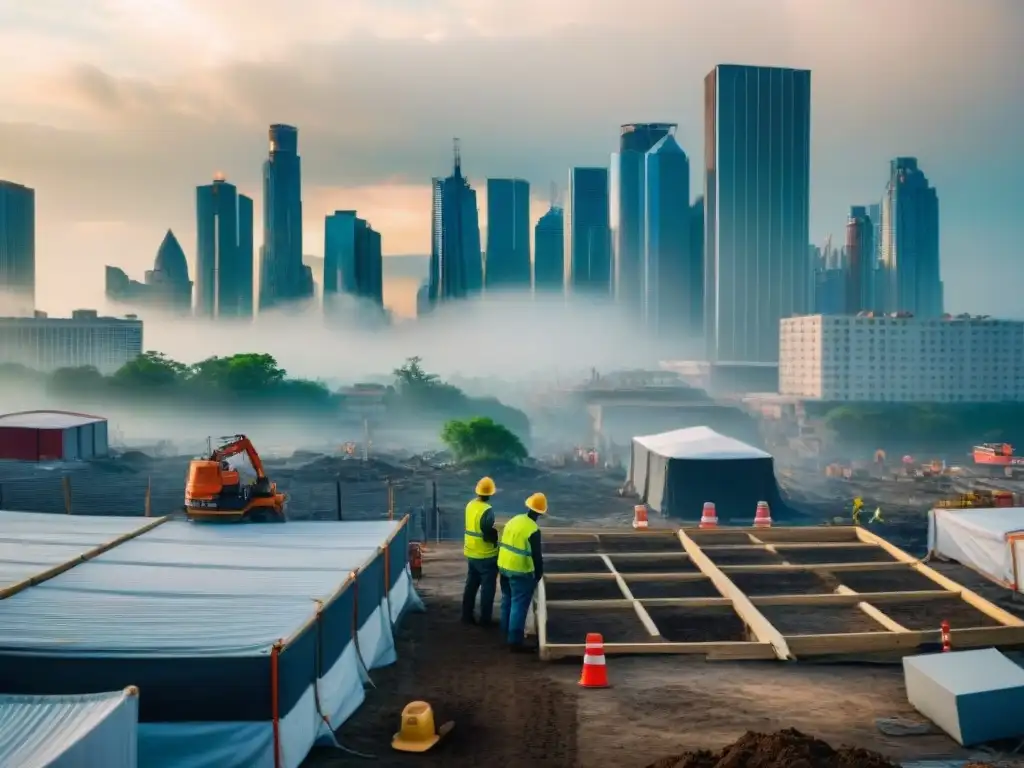 Vista aérea de la ciudad postdesastre, con edificios dañados y nuevas estructuras resilientes