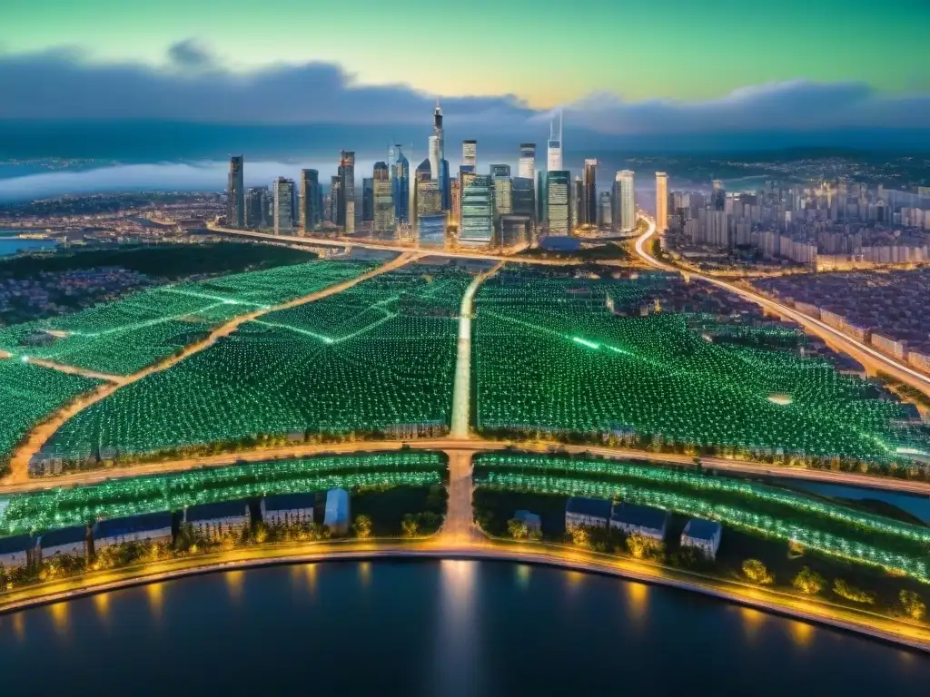 Vista aérea de una ciudad con redes de carreteras, edificios y áreas verdes, junto a flujos de datos brillantes