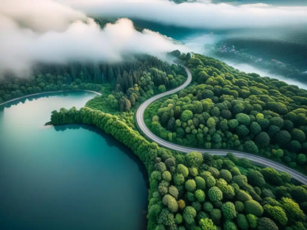 Vista aérea sepia de una ciudad con ríos, bosques y redes viales