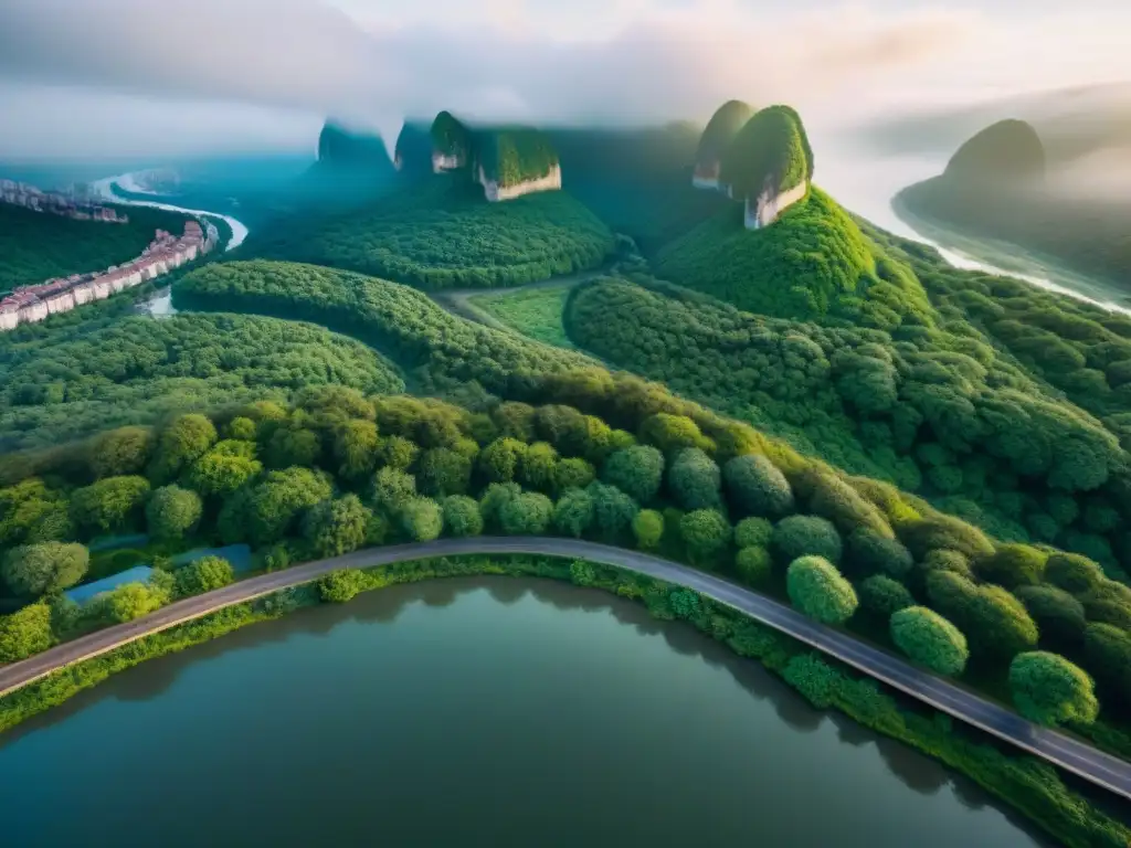 Vista aérea de una ciudad rodeada de exuberantes bosques y ríos, resaltando la importancia de mapas en zonificación