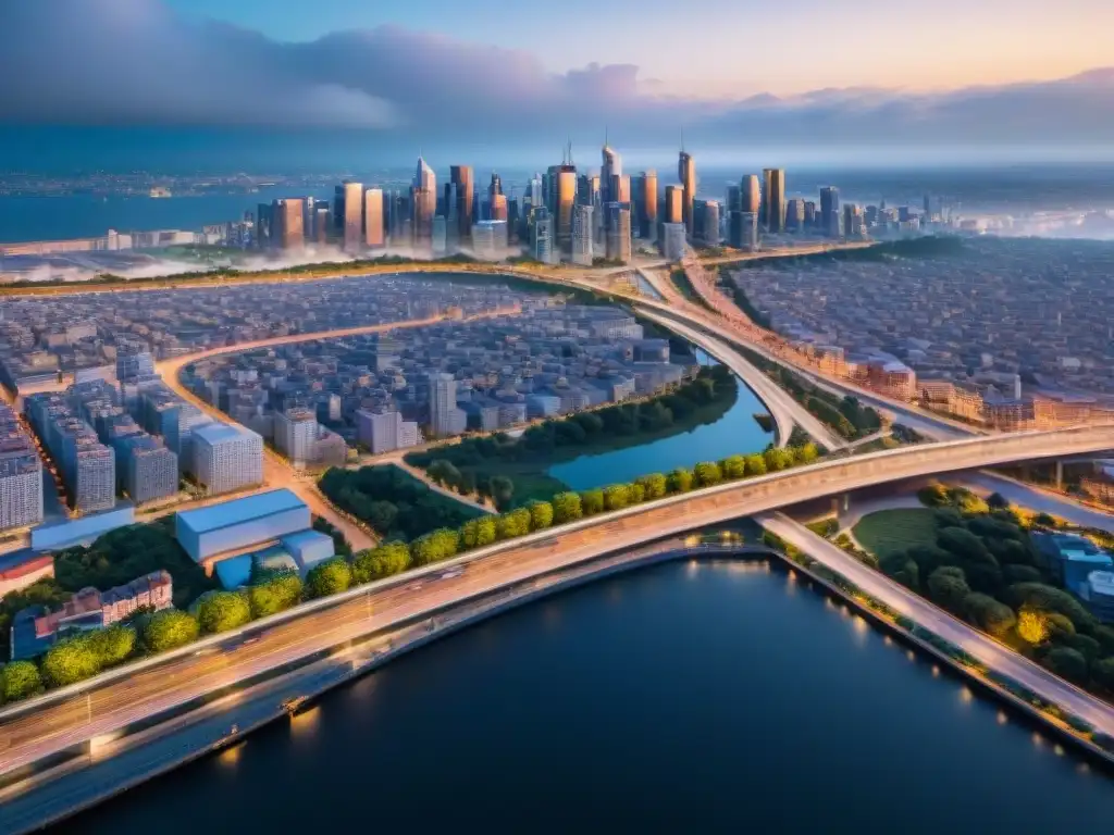 Geospatial Analysis: Optimización de Rutas Urbanas Vista aérea sepia de una ciudad con rutas optimizadas y formas geométricas, ejemplificando la optimización de rutas geoespaciales