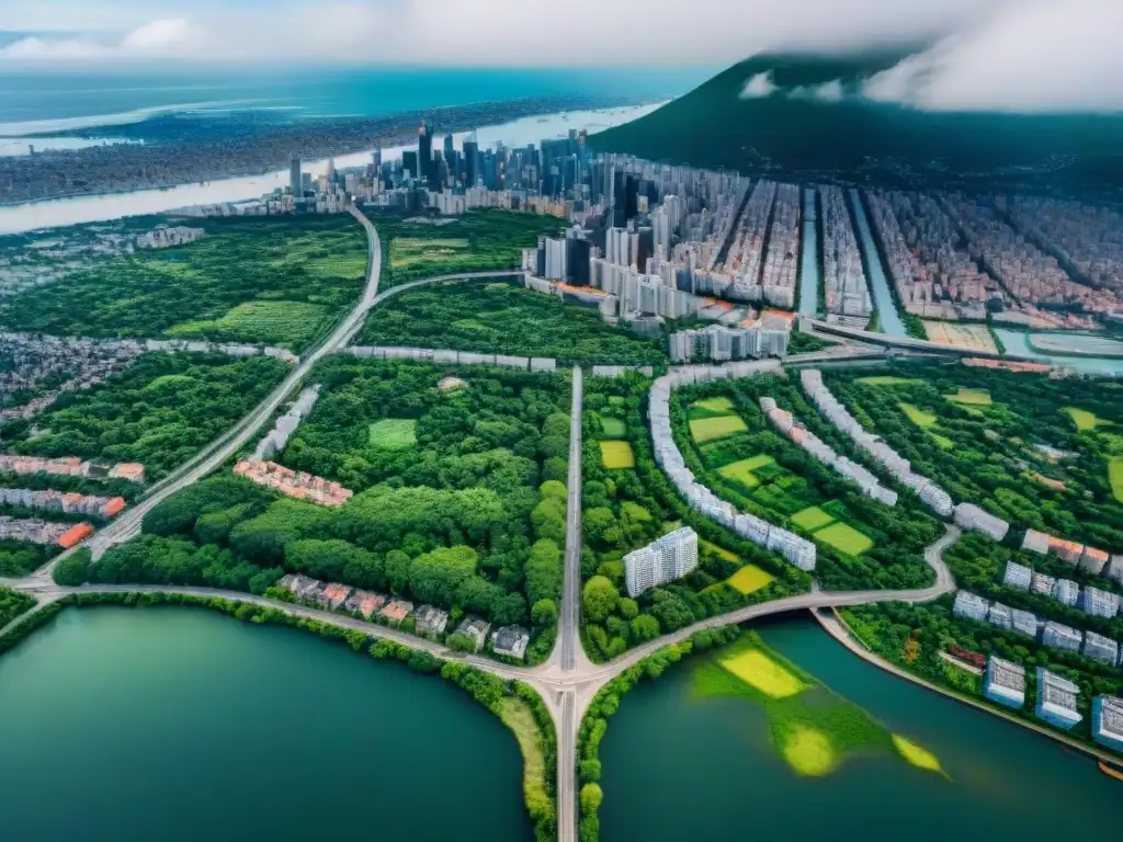 Vista aérea de una ciudad urbana con redes viales, rascacielos, espacios verdes y agua