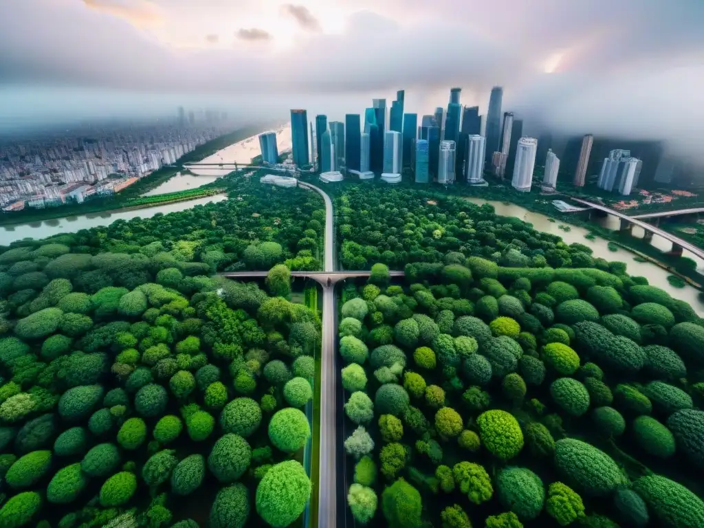 Vista aérea sepia de una ciudad urbana con rascacielos modernos y parques verdes, destacando las respuestas urbanas a desastres naturales