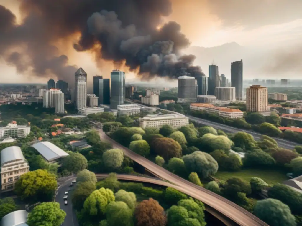 Vista aérea de una ciudad urbana con edificios altos y vehículos de emergencia dirigiéndose hacia una zona de desastre