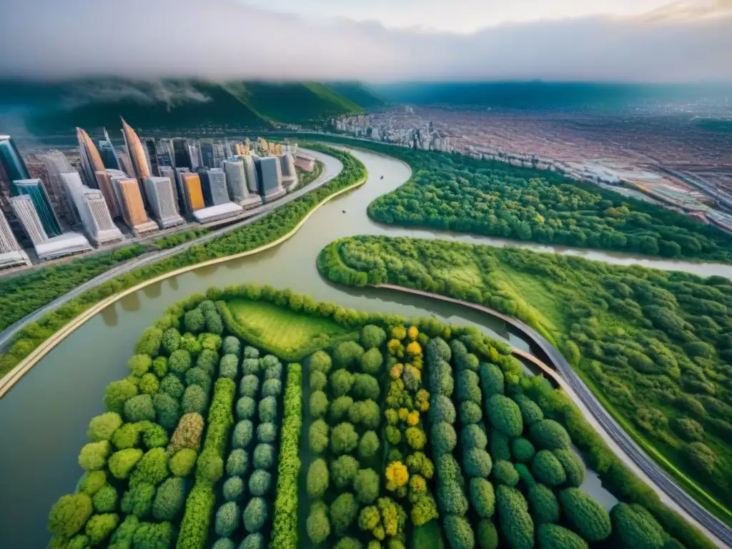 Vista aérea sepia de una ciudad urbana con redes viales, rascacielos, áreas verdes y un río