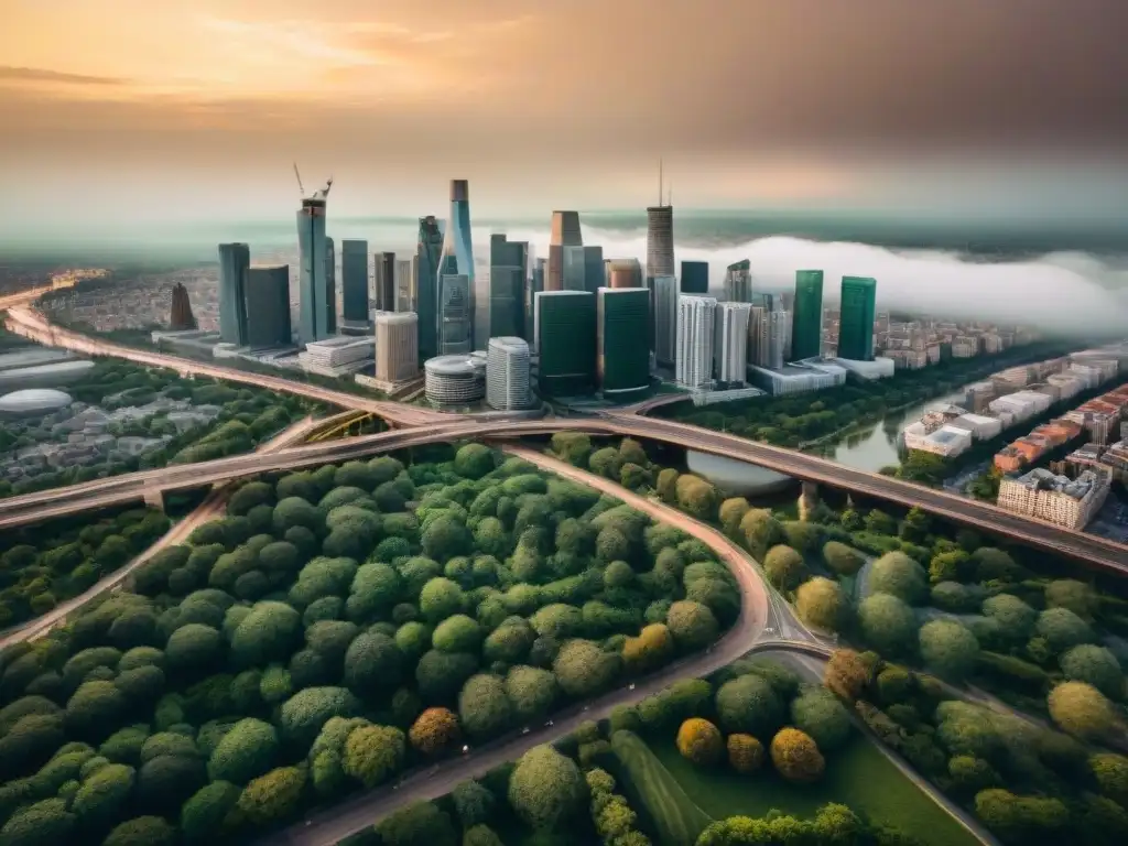 Vista aérea sepia de una ciudad vibrante, entrelazando arquitectura moderna, espacios verdes y hubs de transporte