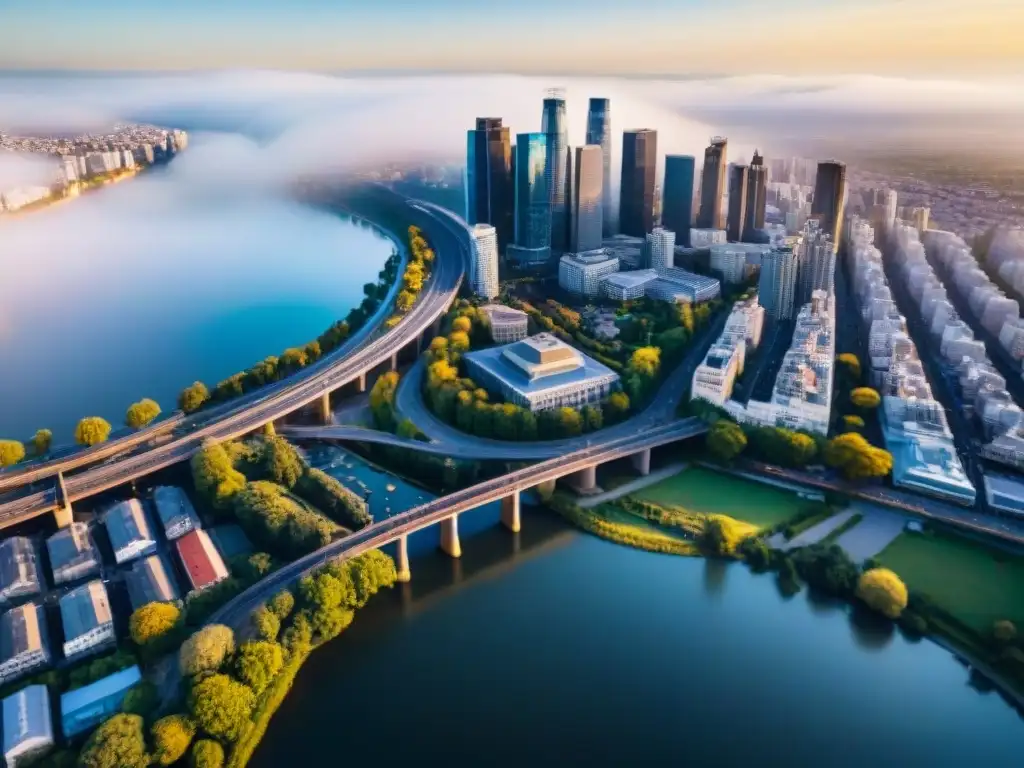 Vista aérea sepia de una ciudad vibrante con río y puentes