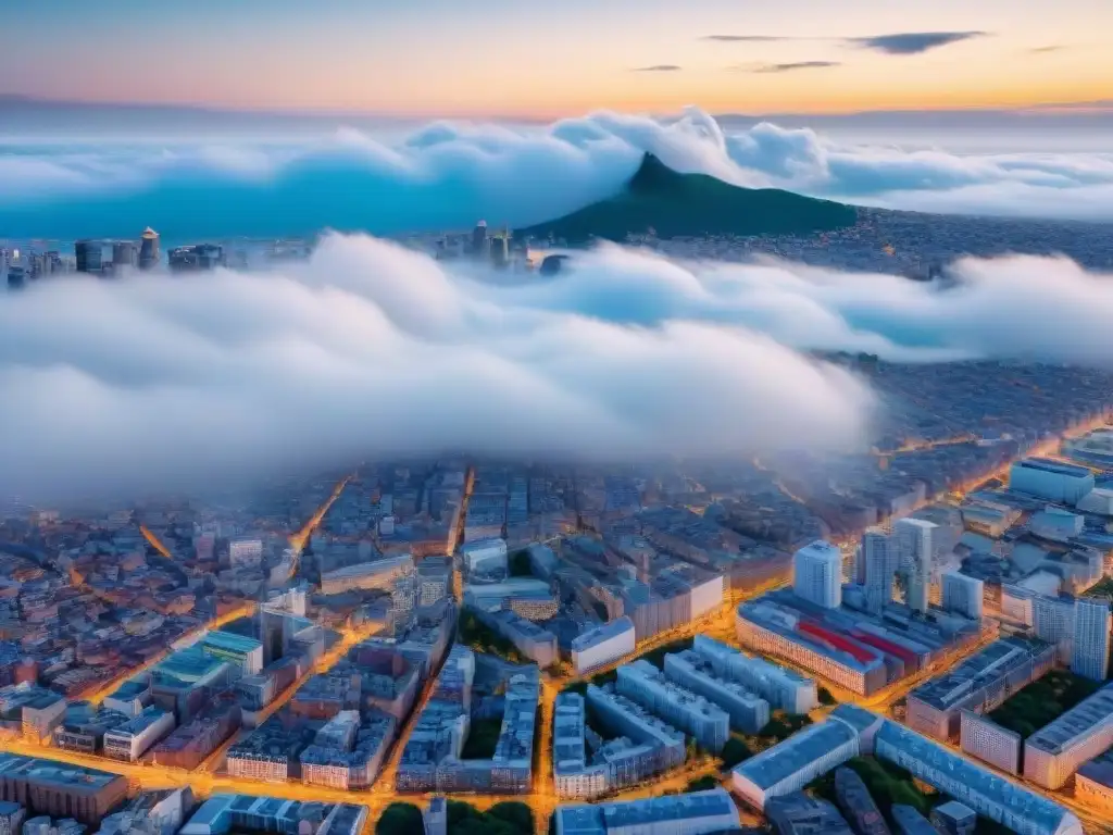 Vista aérea sepia de ciudad vibrante con ondas sonoras superpuestas