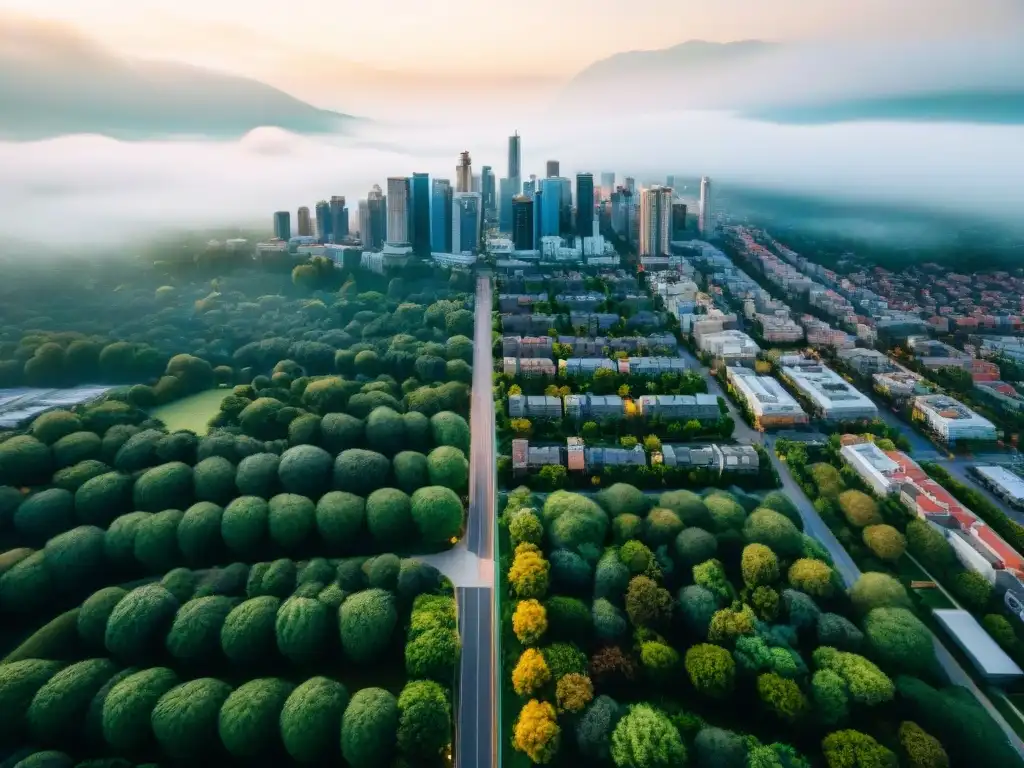 Vista aérea de una ciudad vibrante y diversa con una red de calles intrincadas y espacios públicos, como un tapiz urbano inclusivo