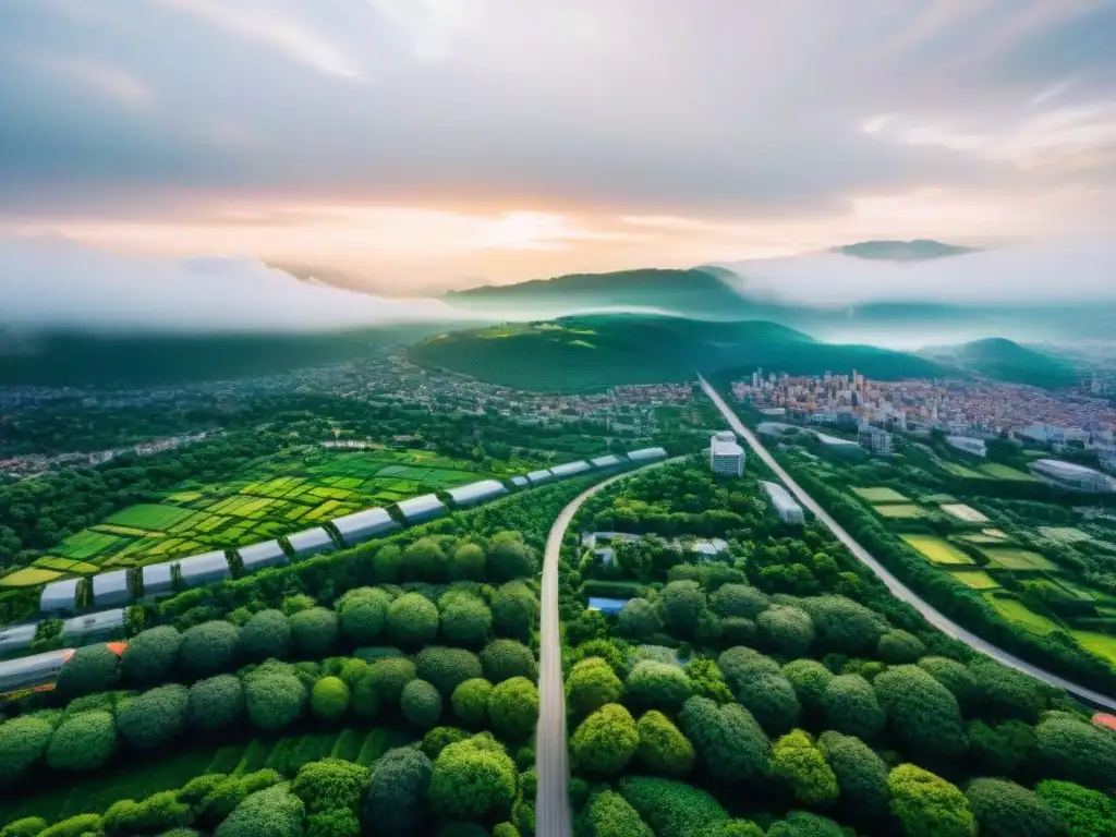 Vista aérea sepia de una ciudad vibrante con planificación urbana detallada, fusionando naturaleza e infraestructura urbana