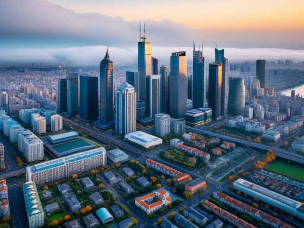 Vista aérea detallada de una bulliciosa ciudad, mostrando edificios y áreas comerciales