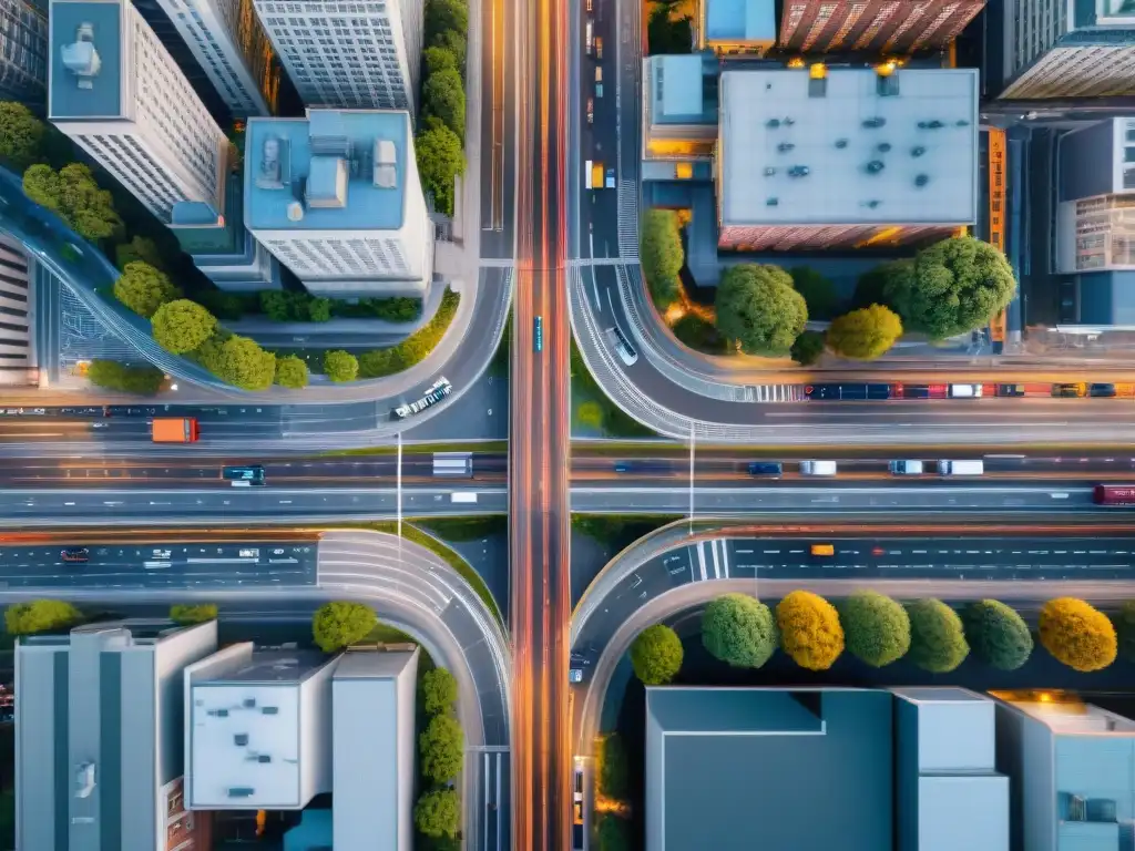 Complejidad urbana: logística y tecnología en la ciudad Una vista aérea detallada en sepia de una ciudad bulliciosa con una red de carreteras, autopistas y calles entrecruzadas en patrones intrincados