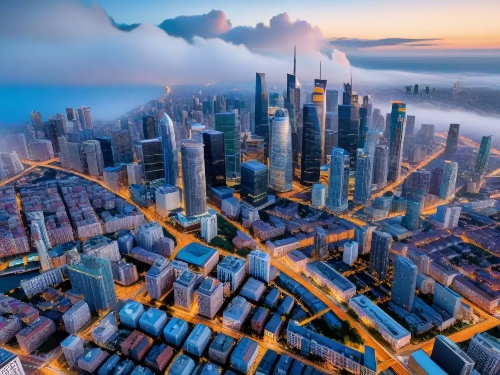 Detallado paisaje urbano: red de calles, rascacielos y negocios Vista aérea detallada en sepia de una ciudad bulliciosa, destacando la red urbana y la importancia del análisis geoespacial para negocios online