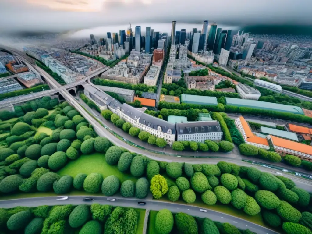 Vista aérea detallada de ciudad en sepia: interconexión urbana Vista aérea detallada de una ciudad en sepia, resaltando la evolución de la cartografía digital y mapas en tiempo real