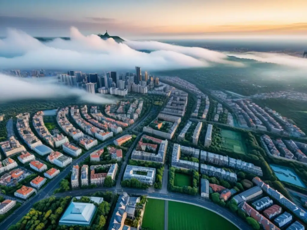 Vista aérea detallada en sepia de una ciudad bulliciosa, mostrando patrones urbanos con rascacielos, áreas residenciales, parques y carreteras