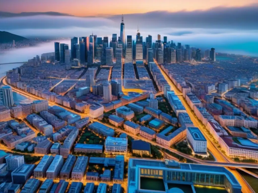 Vista aérea detallada en sepia de una ciudad bulliciosa, resaltando la importancia de la cartografía urbana