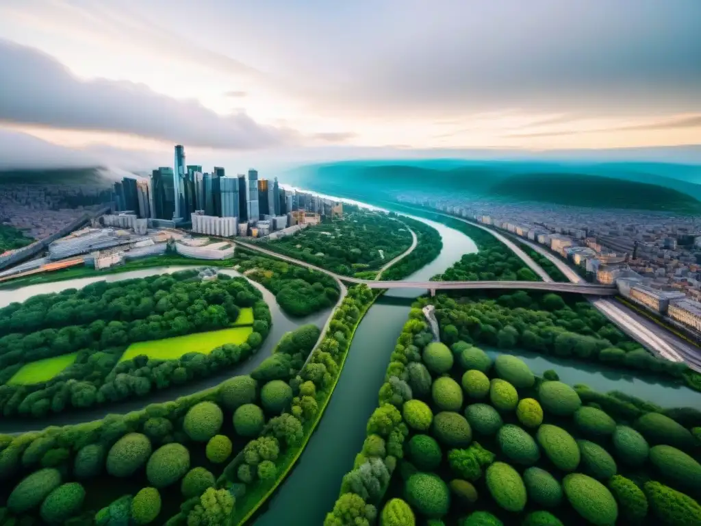 Vista aérea detallada en sepia de una ciudad urbana con redes viales, edificios, áreas verdes y ríos, integrando cartografía digital