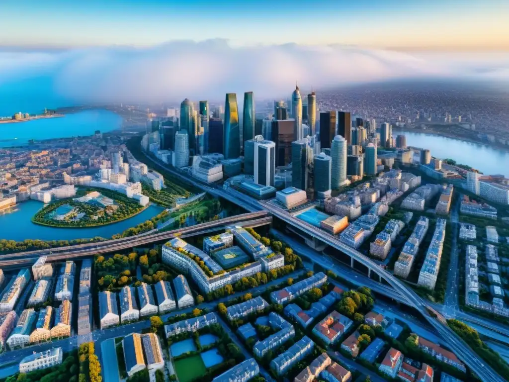 Vista aérea detallada de una ciudad urbana, con mezcla de arquitectura moderna e histórica, bajo cielo azul