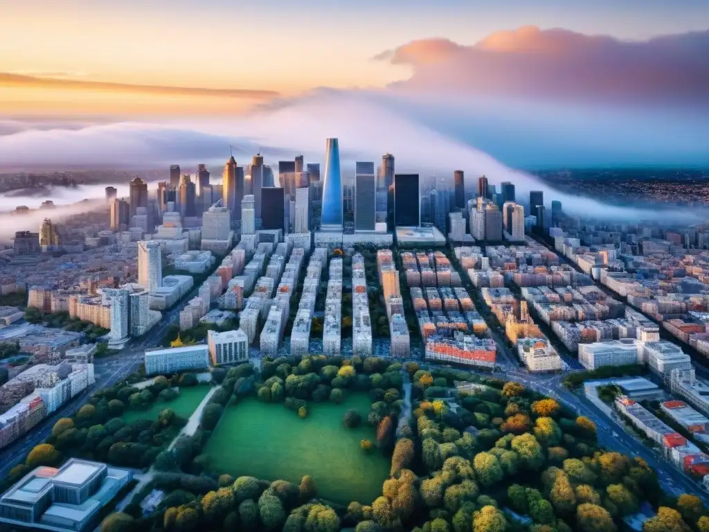 Vista aérea detallada en sepia de una ciudad activa con edificios diversos, parques y calles, mostrando una planificación urbana inclusiva con mapas