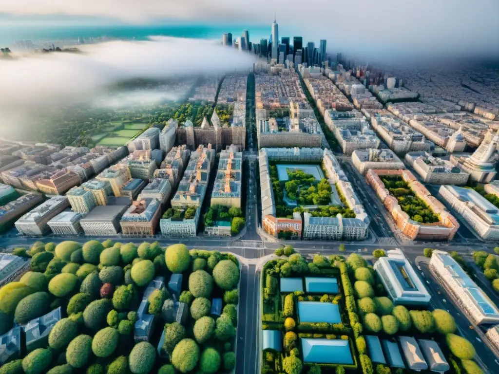 Vista aérea detallada en sepia de una ciudad bulliciosa, resaltando la transformación urbana a través de mapas históricos