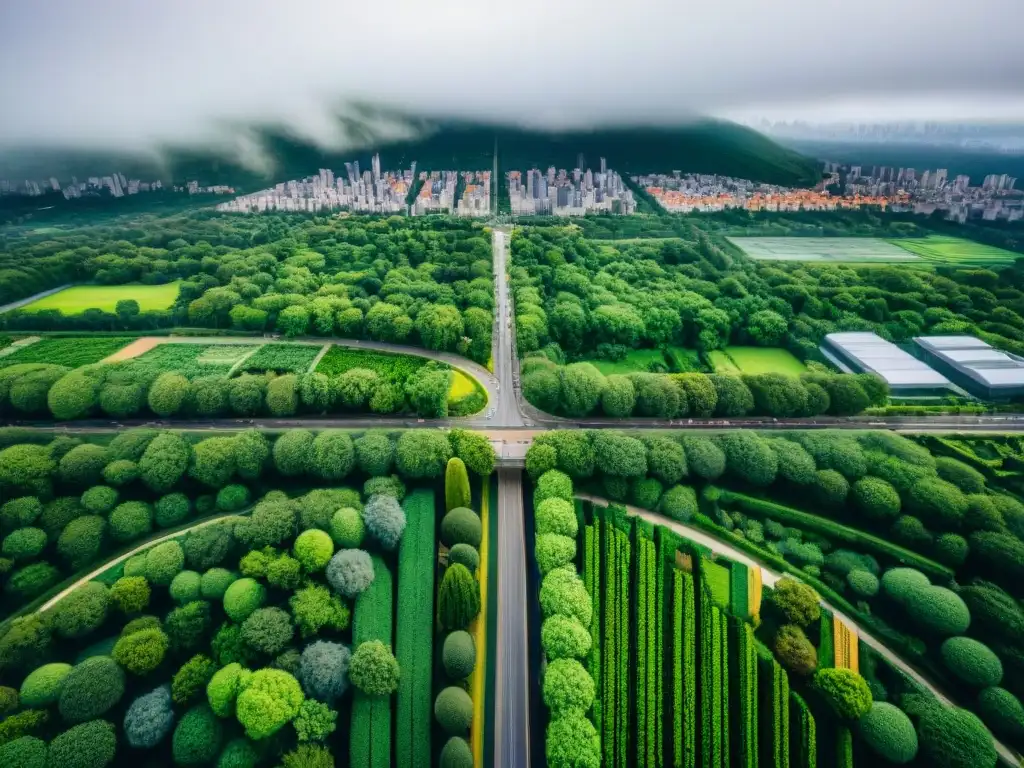 Vista aérea detallada en sepia de una ciudad urbana vibrante, con arquitectura moderna y espacios verdes