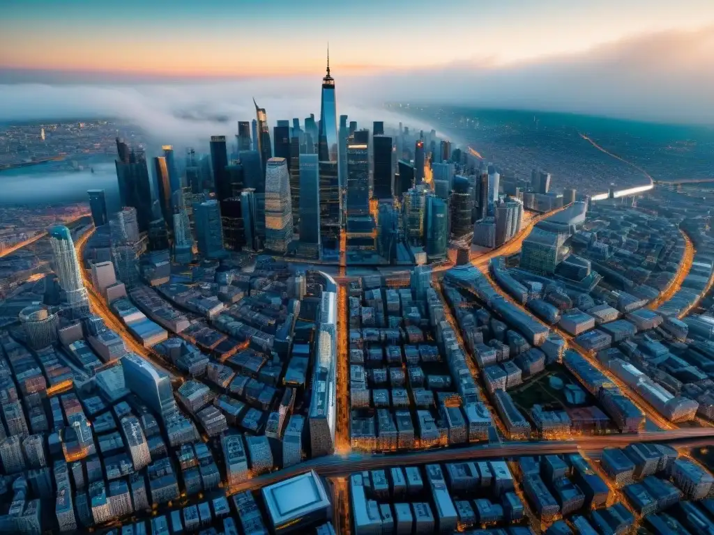 Vista aérea sepia detallada de una ciudad moderna, destacando la red de carreteras y edificios