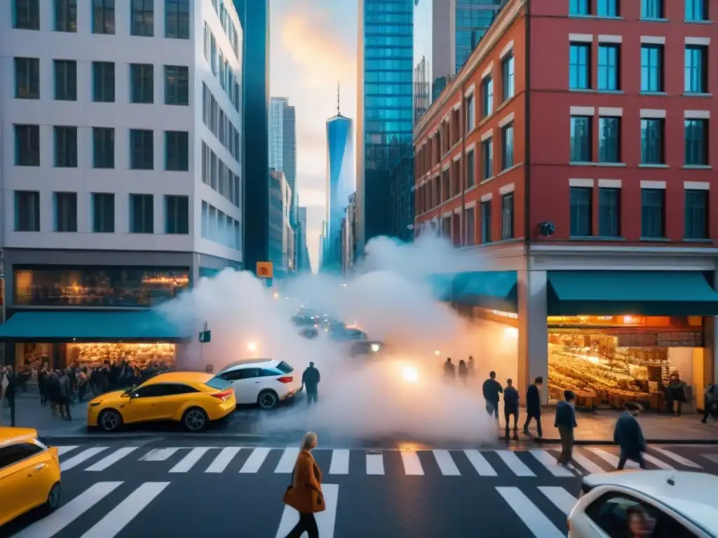 Vista aérea sepia detallada de una ciudad bulliciosa, reflejando la energía urbana con personas y autos