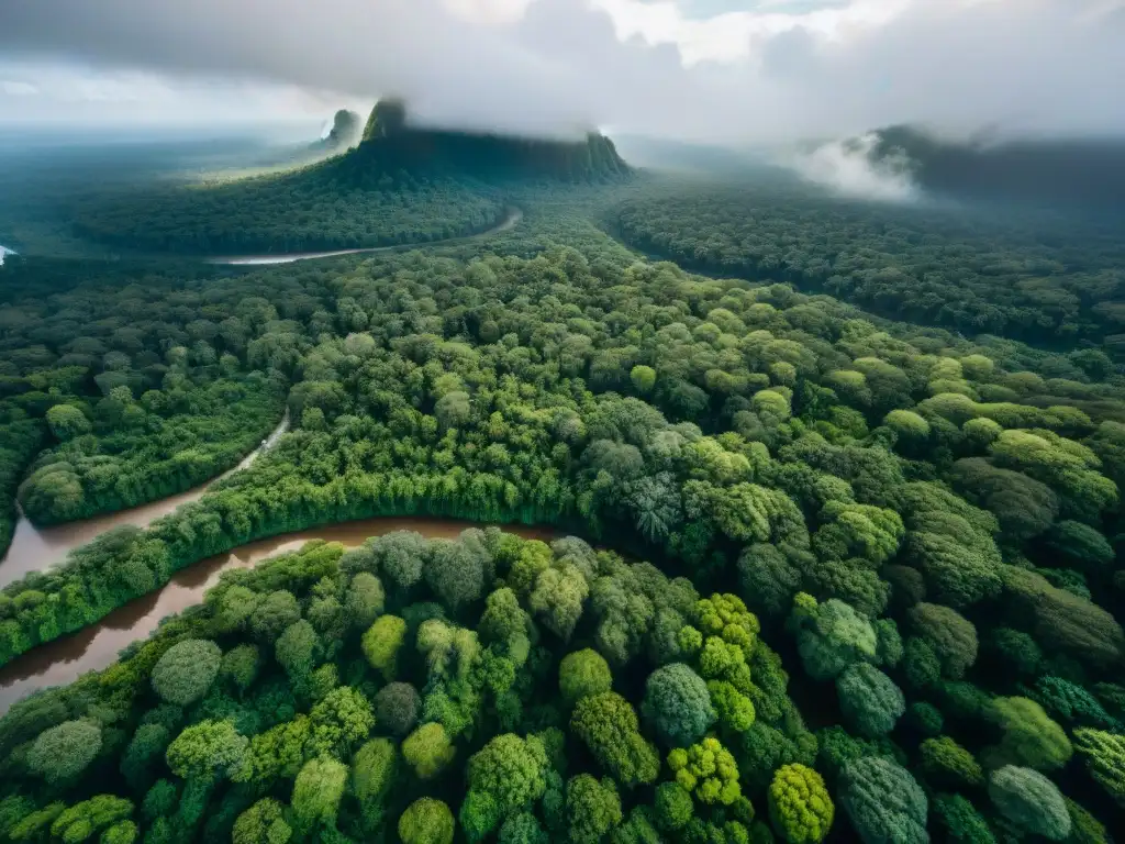 Vista aérea detallada de la densa selva con ríos y claros de luz