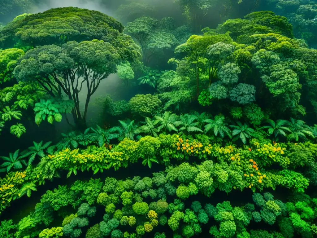 Una vista aérea detallada de un dosel de selva exuberante con luz solar filtrándose entre las hojas verdes, creando patrones de luz y sombra