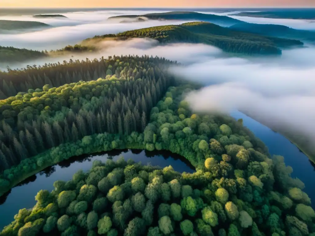 Vista aérea detallada en sepia de un extenso bosque, ríos y hábitats naturales, resaltando la importancia de los mapas en áreas protegidas