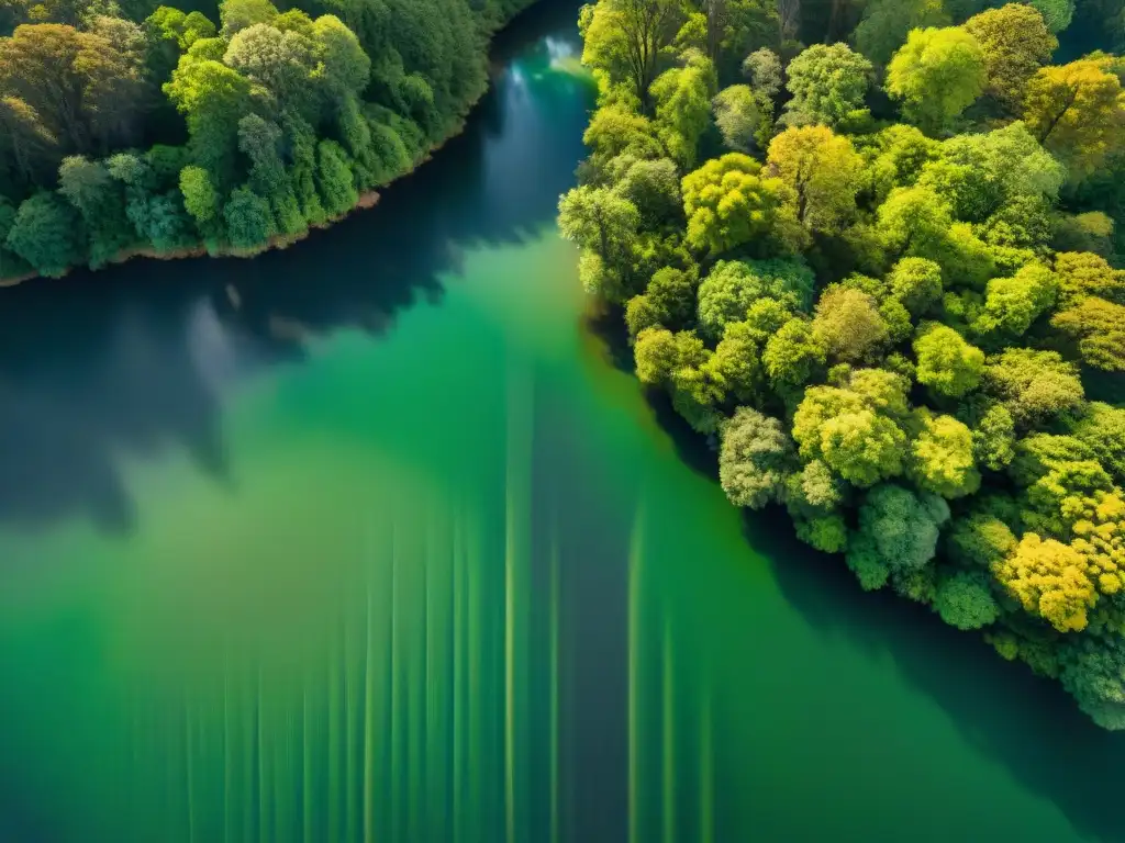 Vista aérea detallada de un exuberante bosque con luz solar filtrándose entre las hojas, creando sombras fascinantes en el suelo