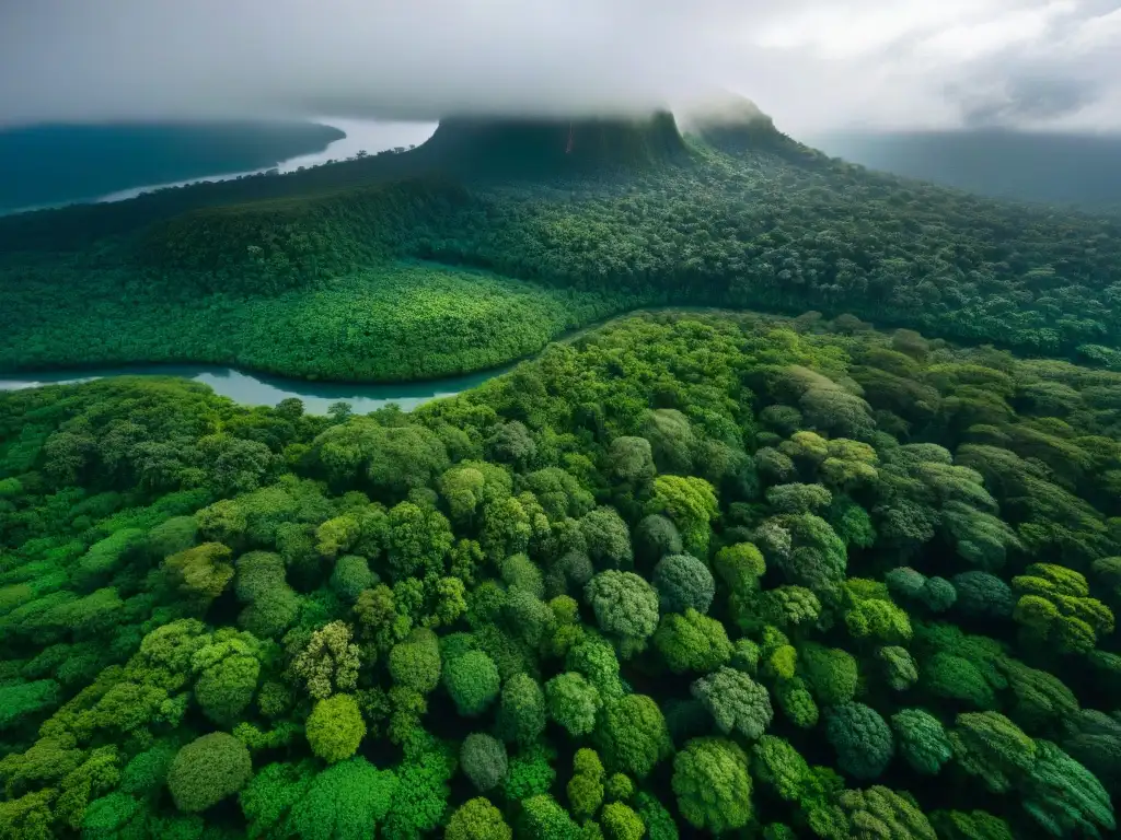 Vista aérea detallada de exuberante selva, río serpenteante y diversa flora y fauna