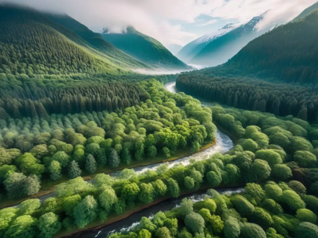 Vista aérea detallada de un frondoso bosque con un río serpenteante, rodeado de montañas nevadas