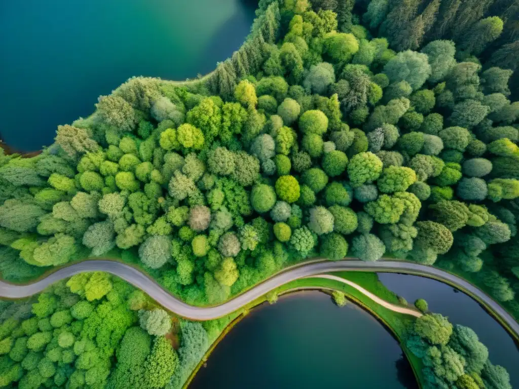 Vista aérea detallada de un frondoso bosque verde con un río serpenteante, ideal para interpretación de imágenes satélites en cartografía digital