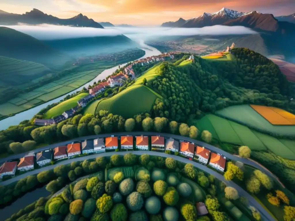 Vista aérea detallada de paisaje verde con techos naranjas, ríos y montañas al fondo, resaltando la importancia de los drones en cartografía