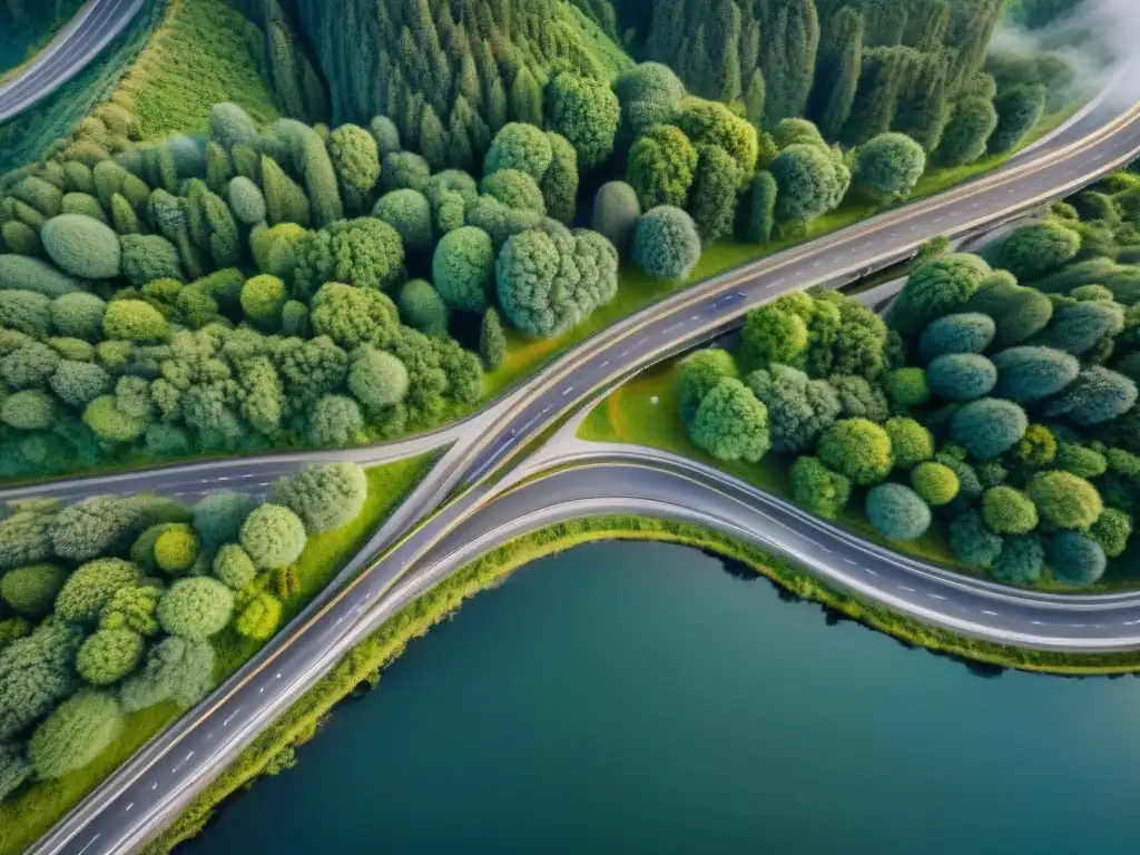 Red de carreteras detallada entre bosques y colinas Una vista aérea detallada de una red de carreteras rodeada de exuberantes bosques y colinas, con vehículos navegando