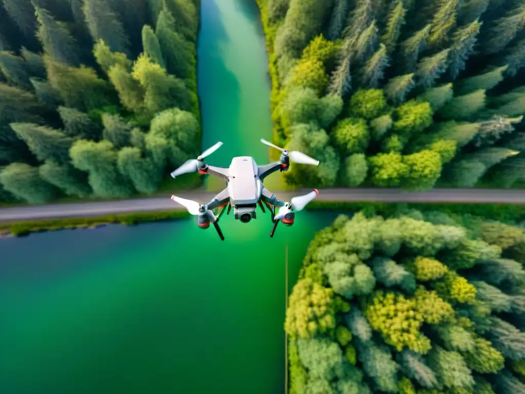 Drone sobrevolando bosque: innovación en mapeo GIS Vista aérea sepia de un dron sobre un bosque verde exuberante, capturando datos con precisión