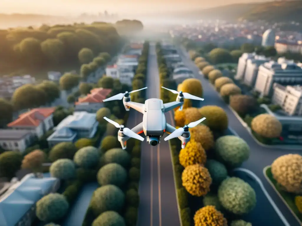 Vista aérea sepia de dron sobre ciudad al atardecer