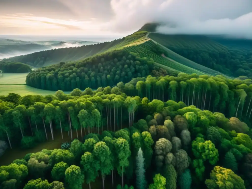 Vista aérea sepia de un dron sobre paisaje verde