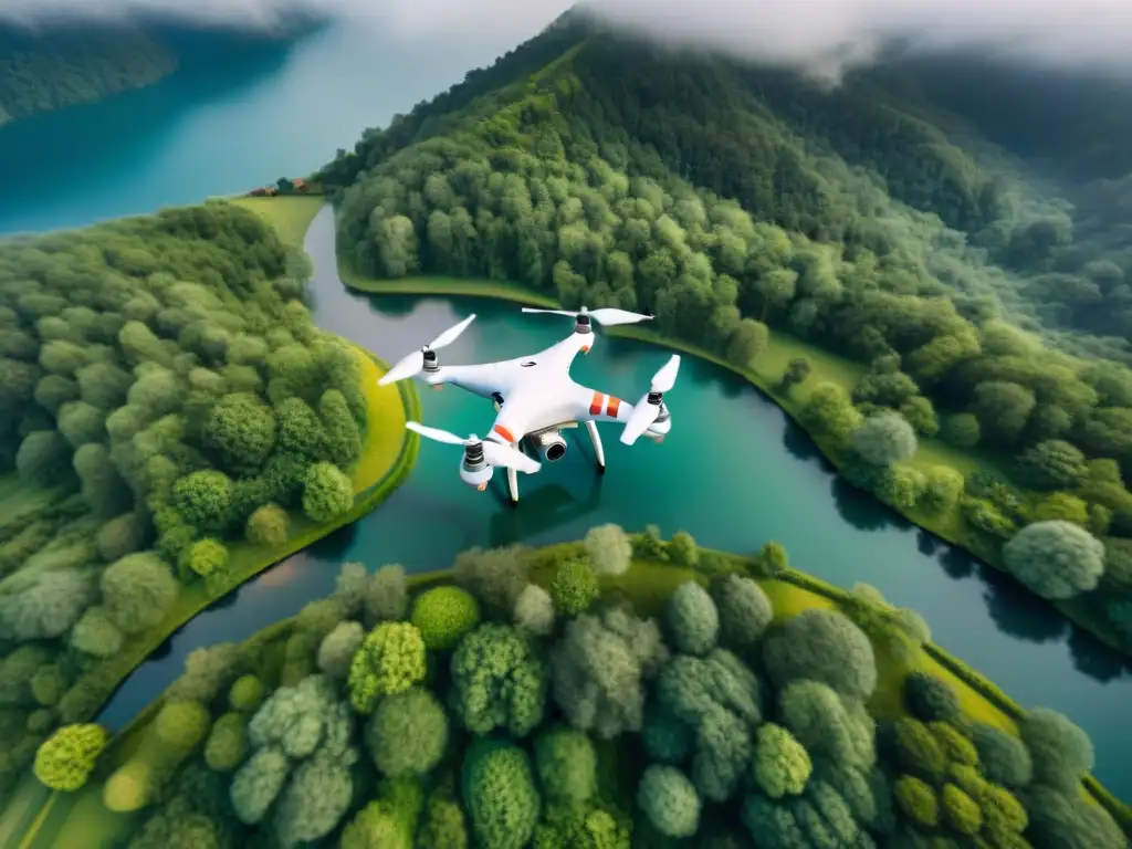 Vista aérea sepia de un dron sobre paisaje natural y comunidades, simbolizando la integración de drones en cartografía