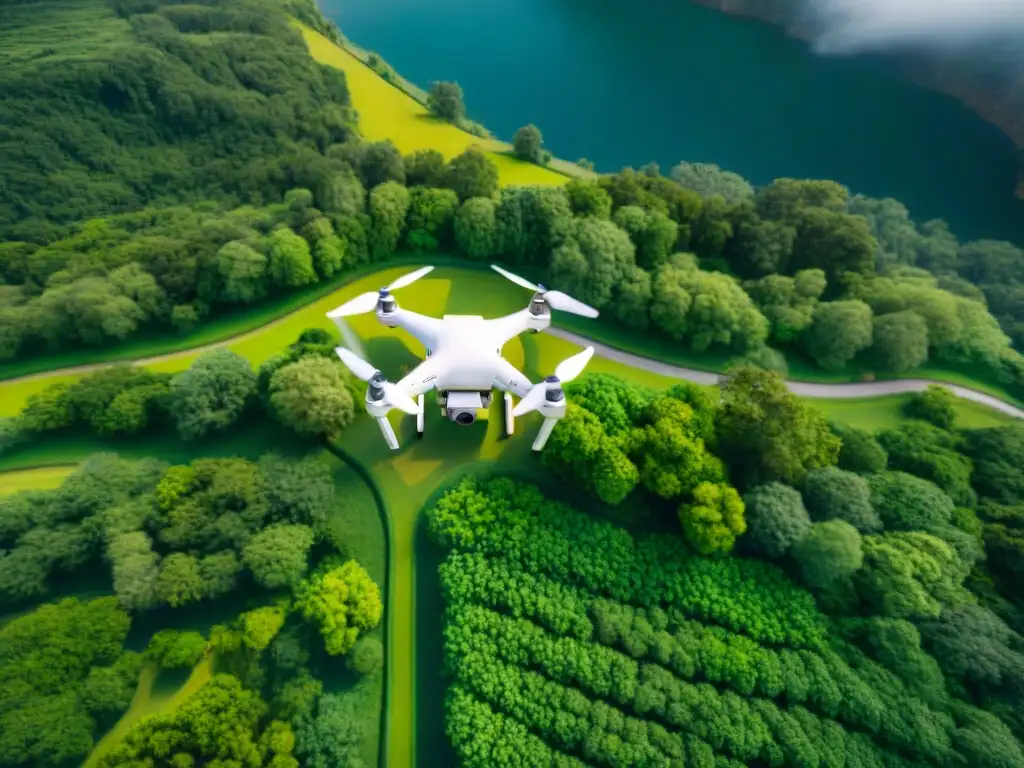 Vista aérea de un dron sobre un paisaje verde exuberante, capturando datos topográficos con precisión