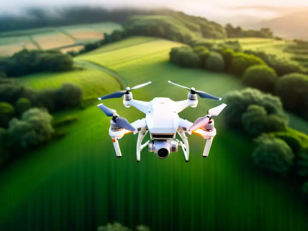 Drone integrado en GIS: Naturaleza y Tecnología Vista aérea sepia de un dron sobre paisaje verde, integrando drones con SIG