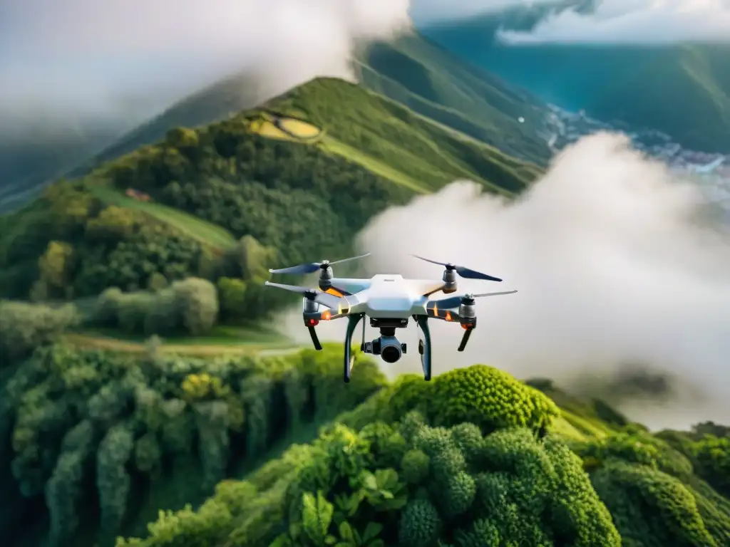 Vista aérea de un dron con tecnología de mapeo avanzada sobre un paisaje detallado, simbolizando la evolución de la cartografía moderna