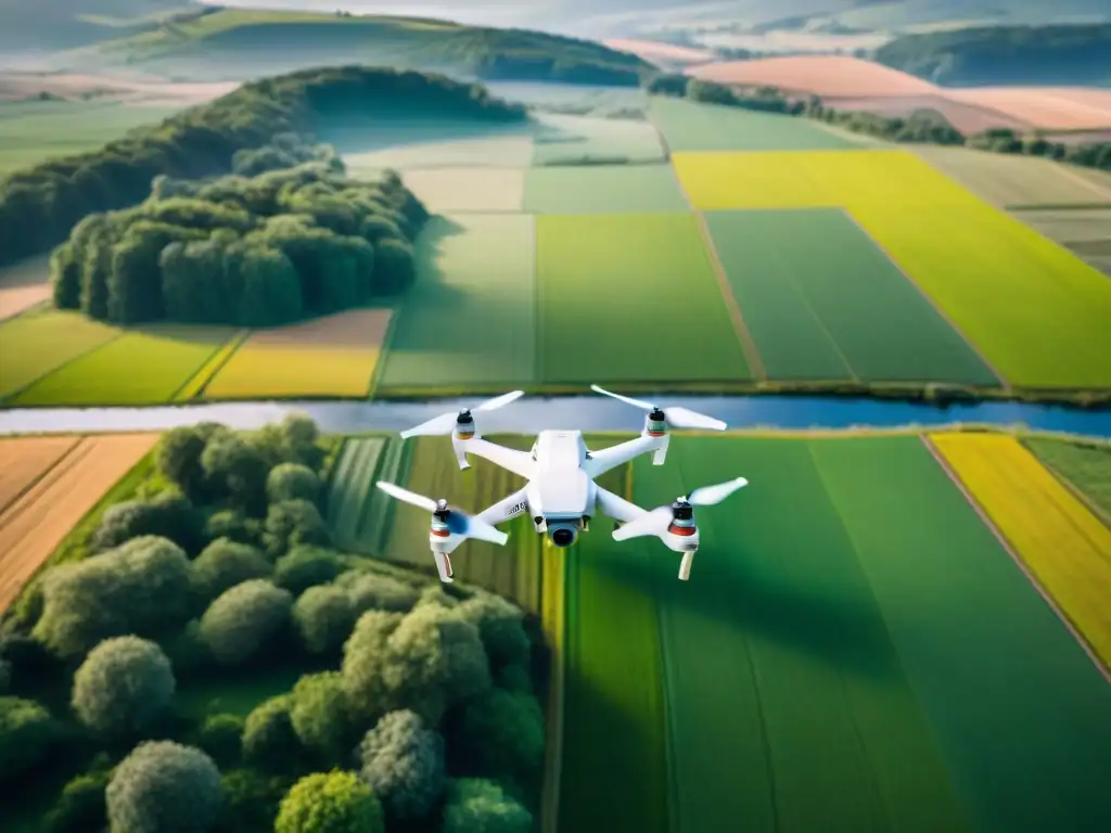 Vista aérea sepia de un dron en vuelo sobre paisaje verde, detallando campos y ríos