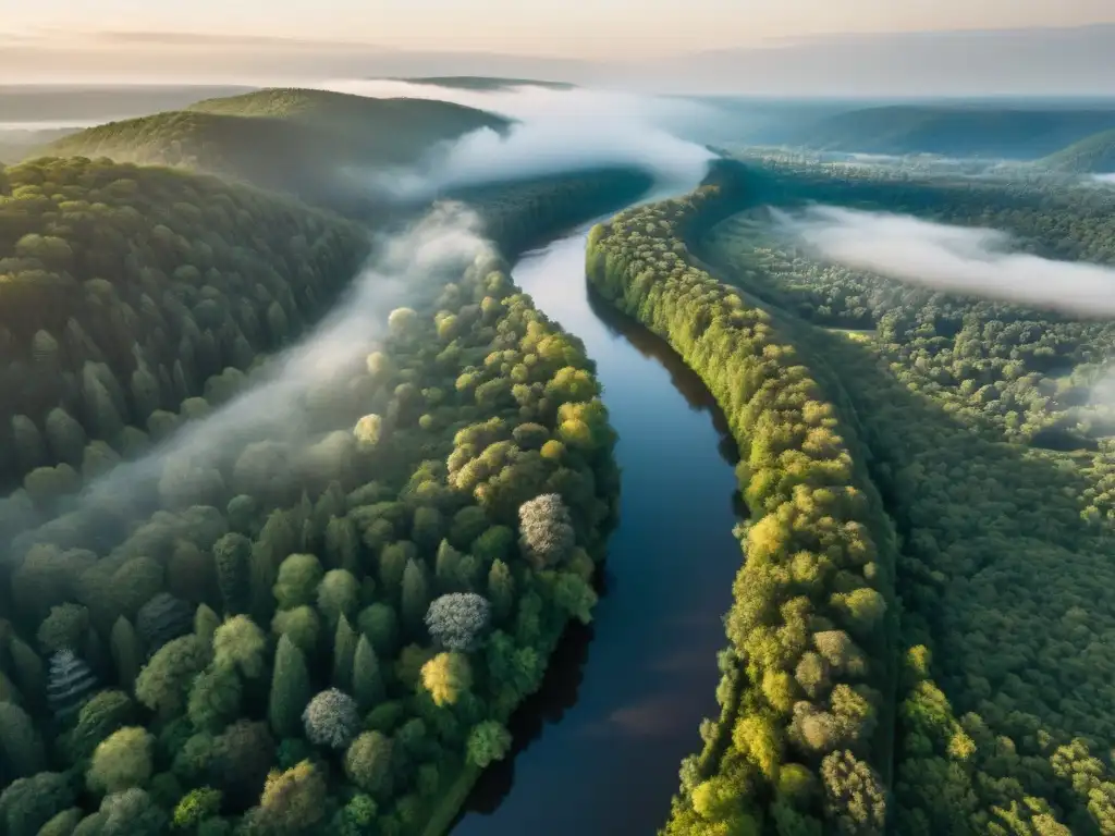 Vista aérea de un extenso y exuberante bosque con un río serpenteante, capturado por un dron al atardecer dorado